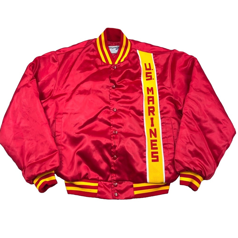 Vintage US Marines Satin Bomber Jacket Men Large Red Yellow Made In USA 80s 90s